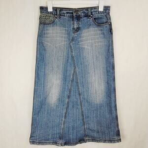 JouJou denim maxi skirt size 12 Embellished pocket back slit Y2K Retro Western
